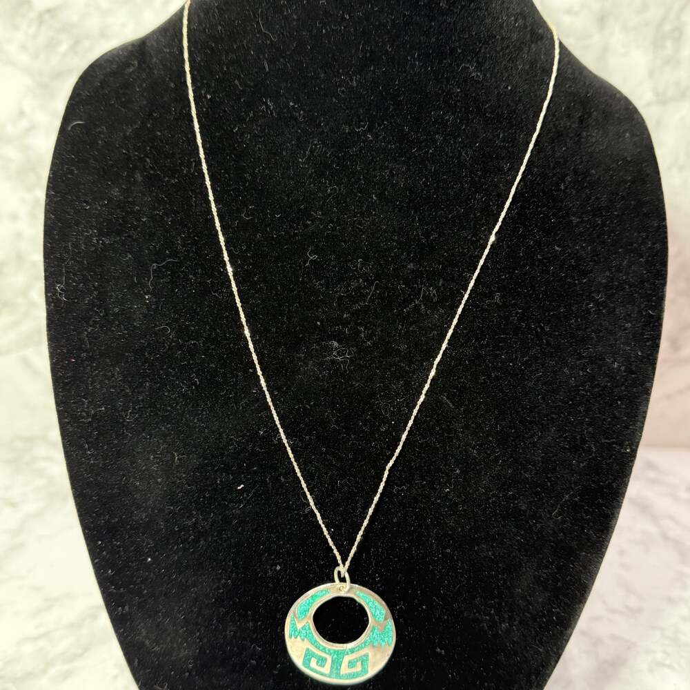 Vintage‎ Taxco Mexico 925 Sterling Silver Turquoise Inlay Aztec Pendant Necklace